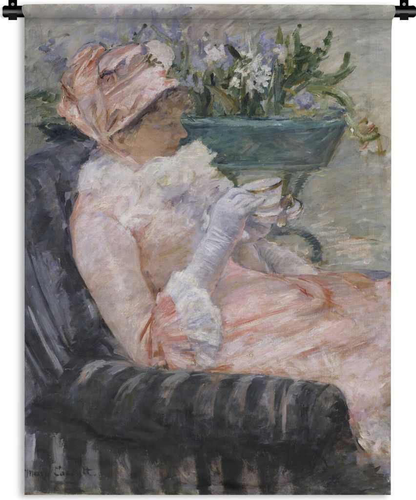 MuchoWow Wandteppich Wandbehang Die Teetasse - Gemälde von Mary Cassatt 120x160 cm Tapisserie Dekoration Wandtuch - Wohnzimmer - Moderne