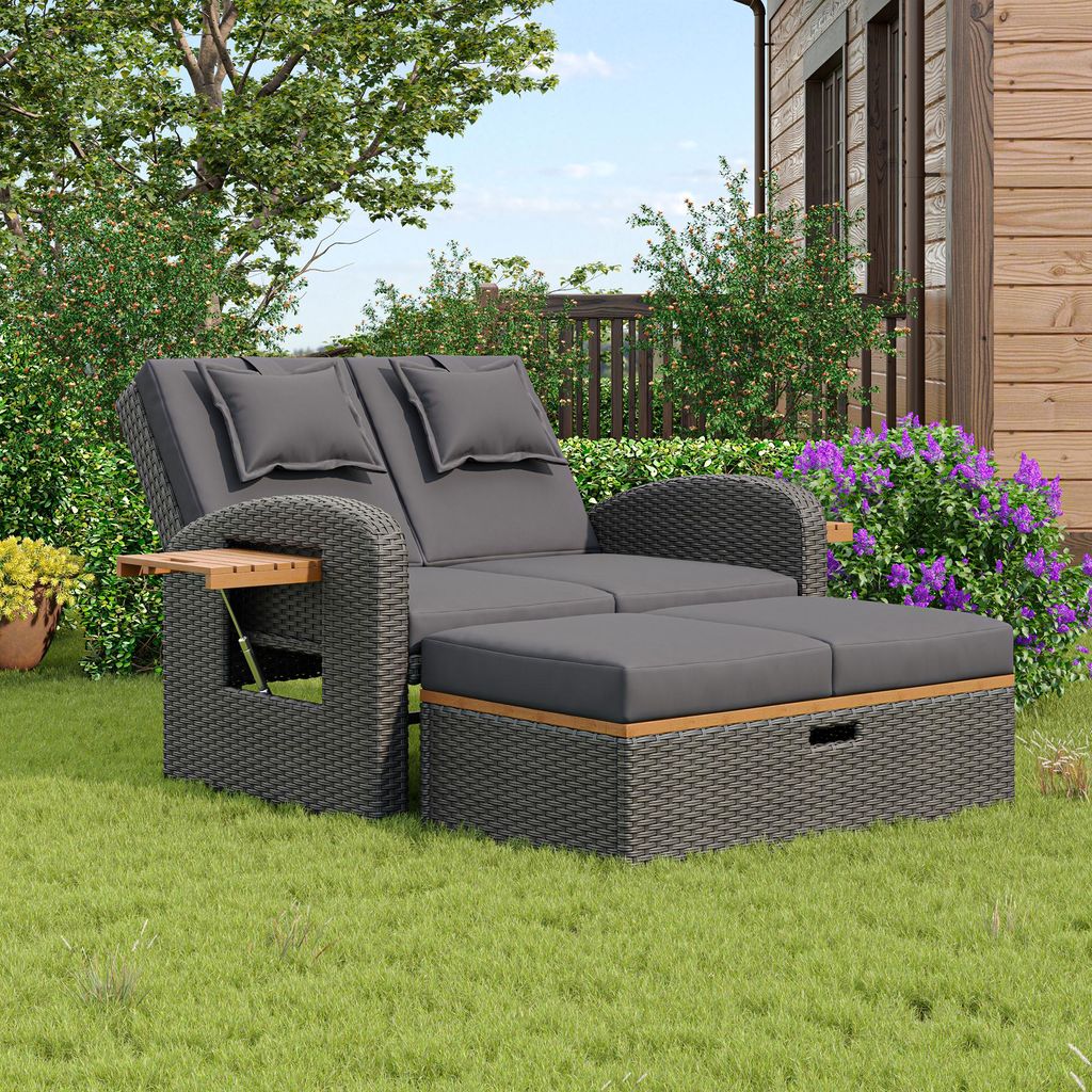 Gartenlounge-Set für 2-4 Personen, Sonnenliege Set, Gartenliege 2 Personen mit faltbarem Sonnendach, Sofa-Set für draußen, Essgruppe für Terras...