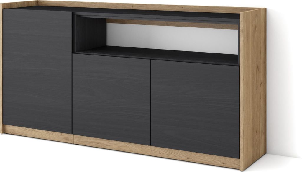Sideboard, Highboard, 156x37x80cm, 3 Türen, Wohnzimmer, Küche, Schwarz Eiche