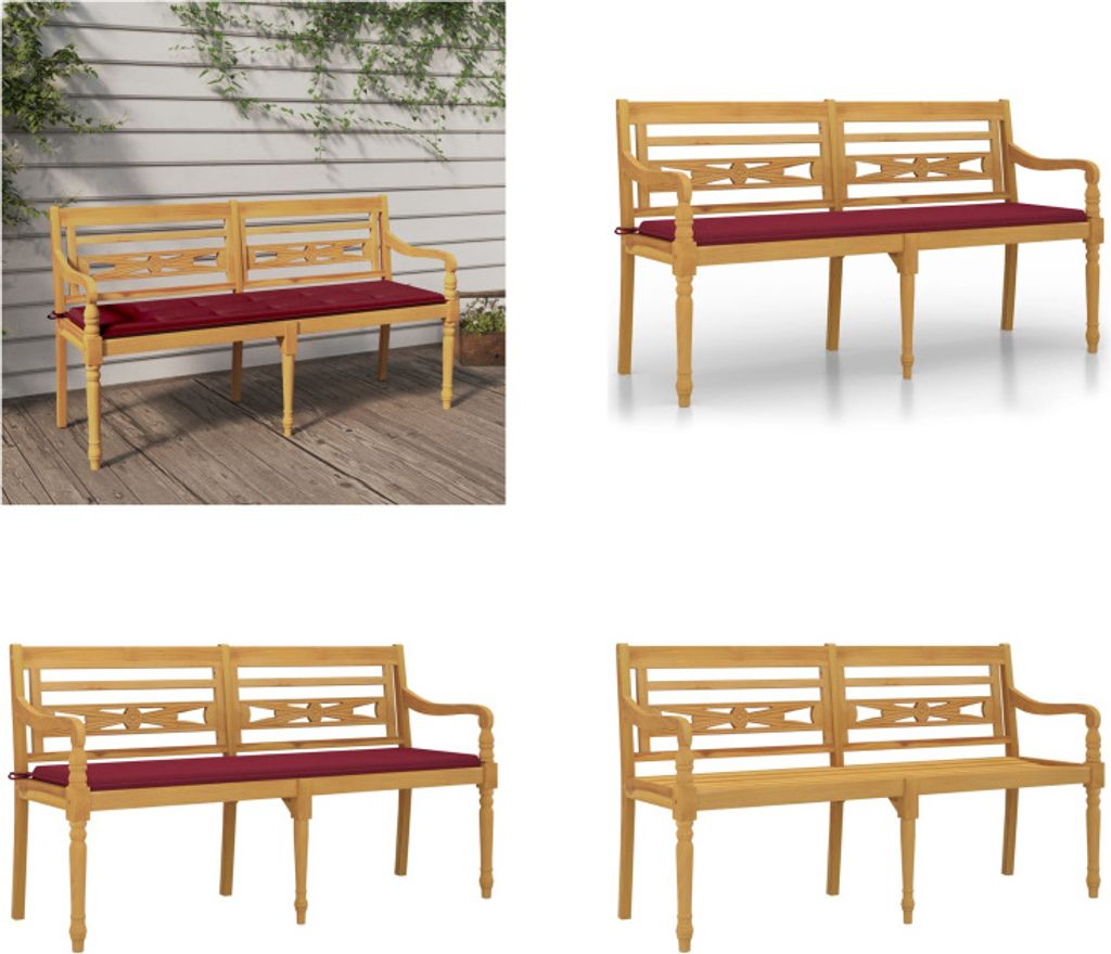 vidaXL Batavia Bank mit Weinrotem Kissen 150 cm Massivholz Teak - Bank - Bänke - Gartenbank - Sitzbank