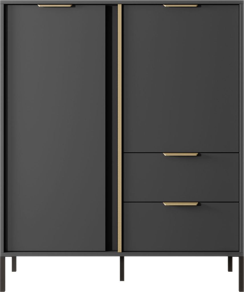Elegantes Schwarzes Highboard - Skandinavischer Hochschrank mit 2 Türen & 2 Schubladen - 103x123x40 cm - Schwarz mit Goldenen Griffen - Elegante H...