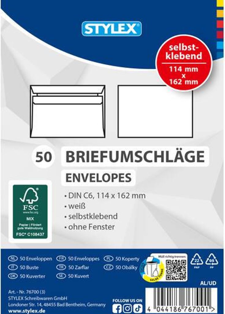 Stylex Briefumschläge C6 selbstklebend 50St. 76700 Produktbild 