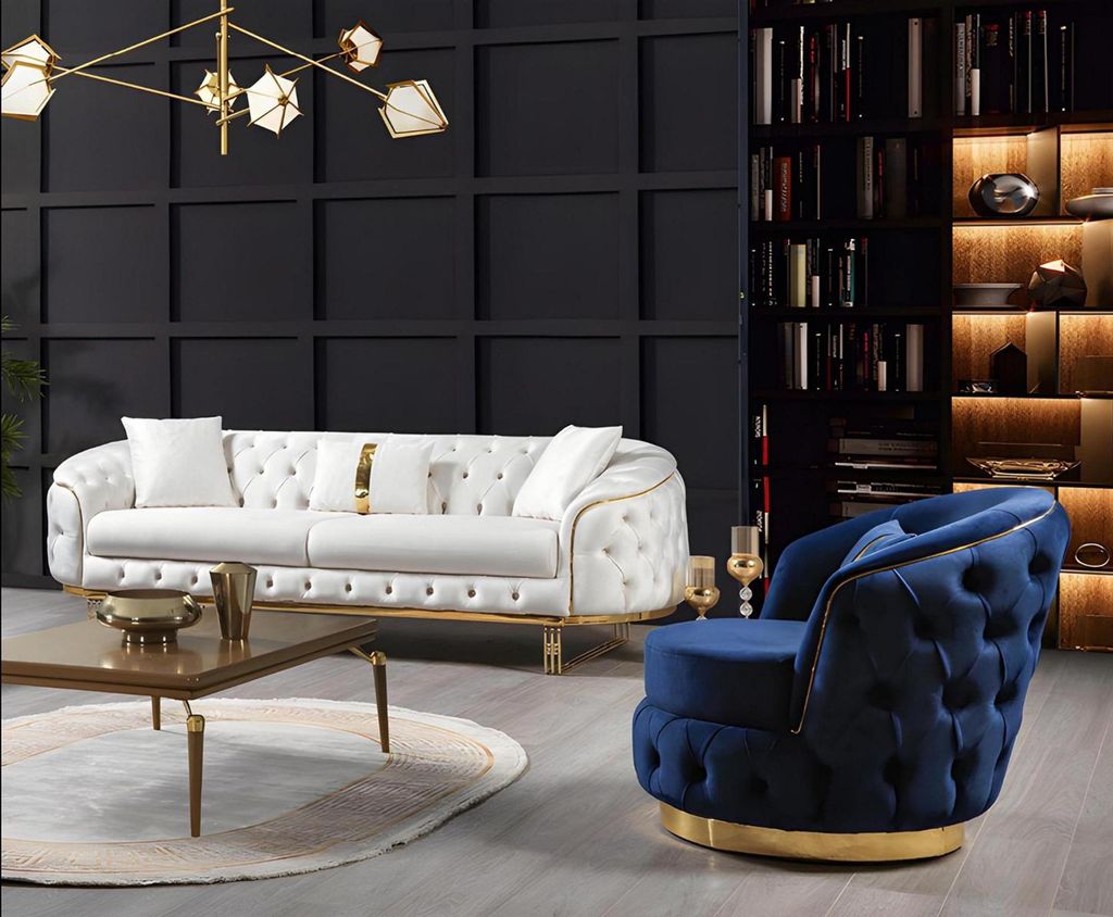 Chesterfield Weiß-Blaue Sofagarnitur Schicker Dreisitzer Moderner Sessel