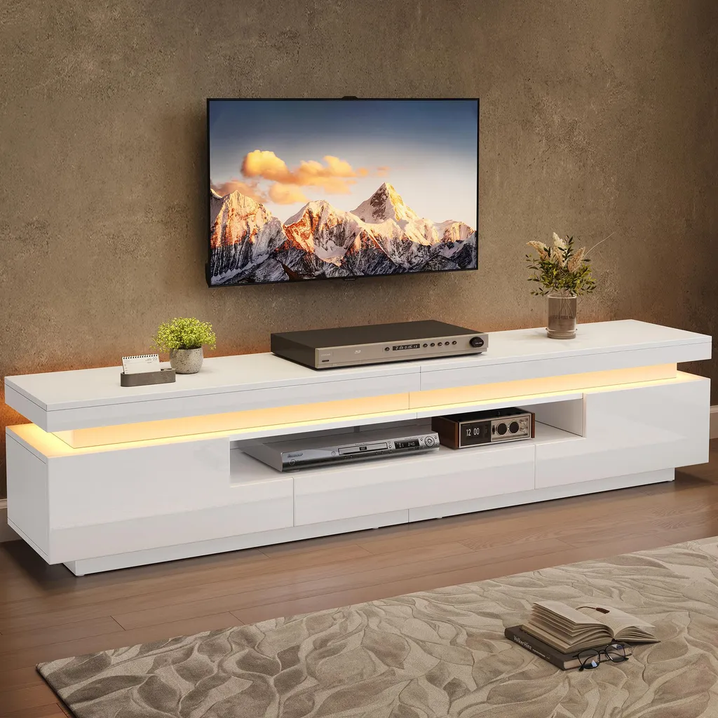 Support TV Salon pour Écran Géant 75 Pouces avec LED et Grand Rangement