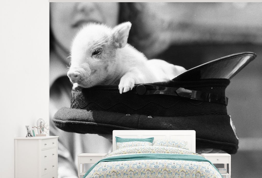 MuchoWow Fototapete für Wohnzimmer oder Schlafzimmer Wandtapete Vinyl Motivtapete Groß im Hut - schwarz und weiß - 300x240 cm - Fototapeten