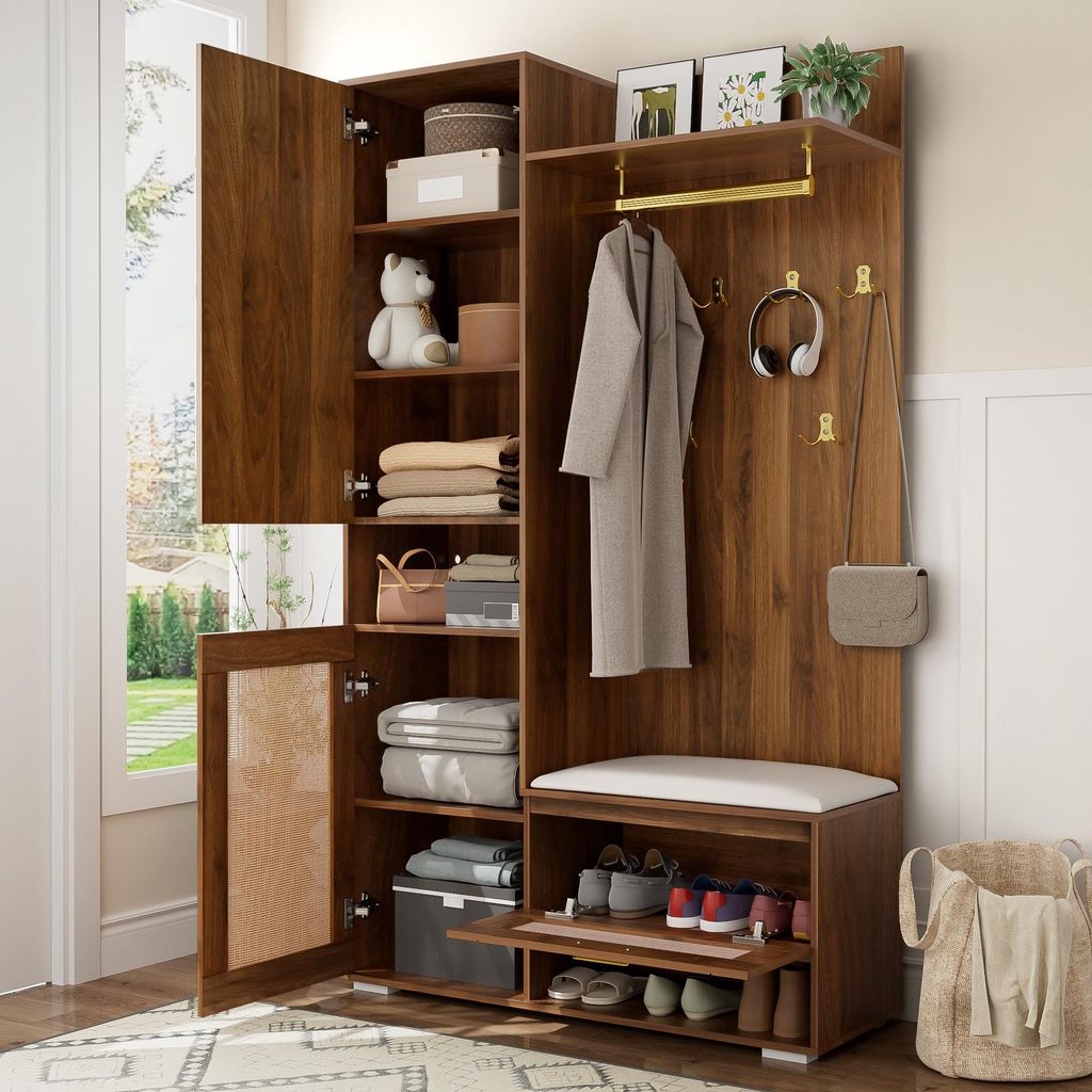 STILVORA Garderoben-Set mit Spiegel 6 goldenen Kleiderhaken und Schuhschrank, Wandgarderobe mit LED-Lichtstreifen, Rattan-Optik