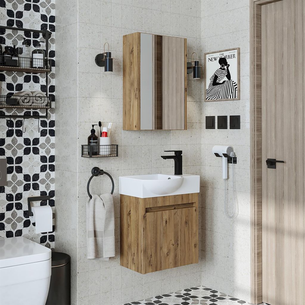 Roomart LEO Badmöbel Set– 3-teiliges Badezimmermöbel Set - Unterschrank, Waschbecken & Spiegelschrank - H 45 x B 24.5 x T 46.5 cm - Eiche