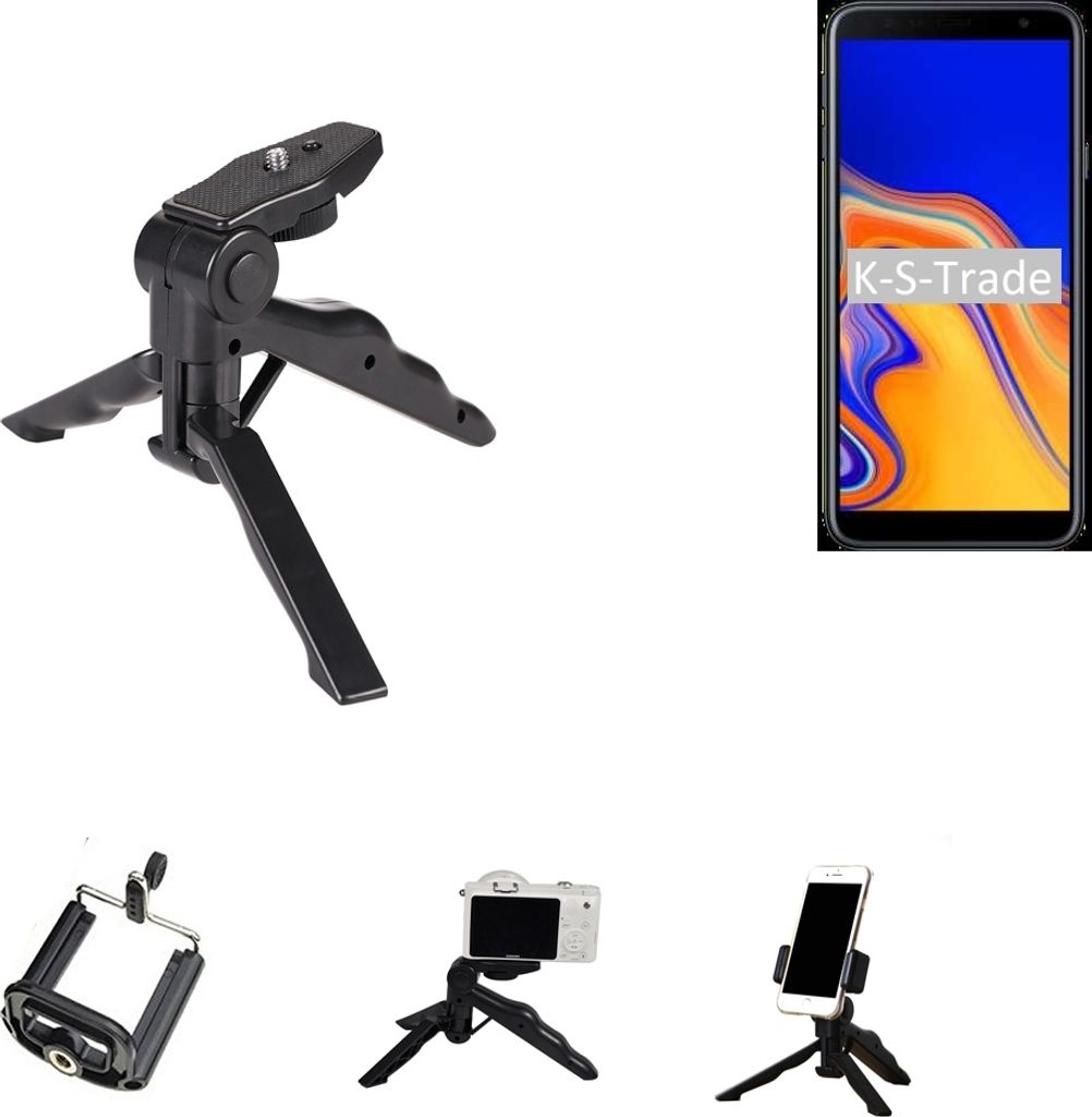 K-S-Trade Stativ Tisch-Ständer Dreibein Handy-Stativ Ständer kompatibel mit Samsung Galaxy J4+ Mini-Stativ Smartphone Tripod Handy-Stativ aus