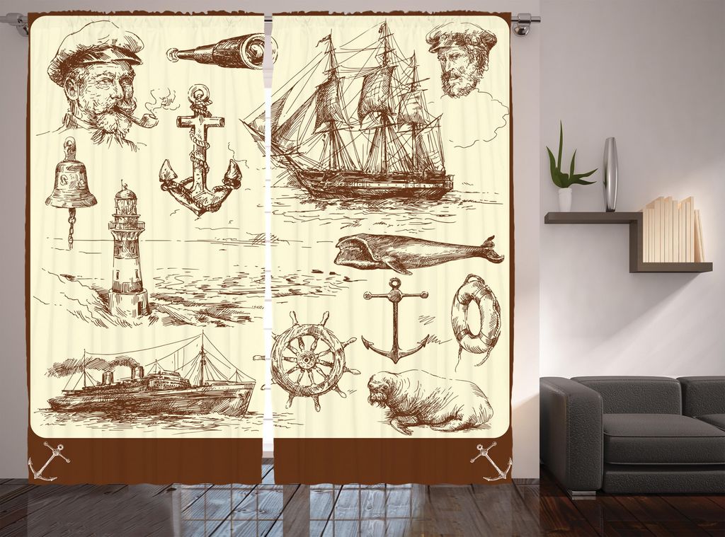 ABAKUHAUS Retro Rustikaler Vorhang, Oceanic Zeichnungseffekt, Wohnzimmer Universalband Gardinen mit Schlaufen und Haken, 280 x 225 cm, Braune Creme