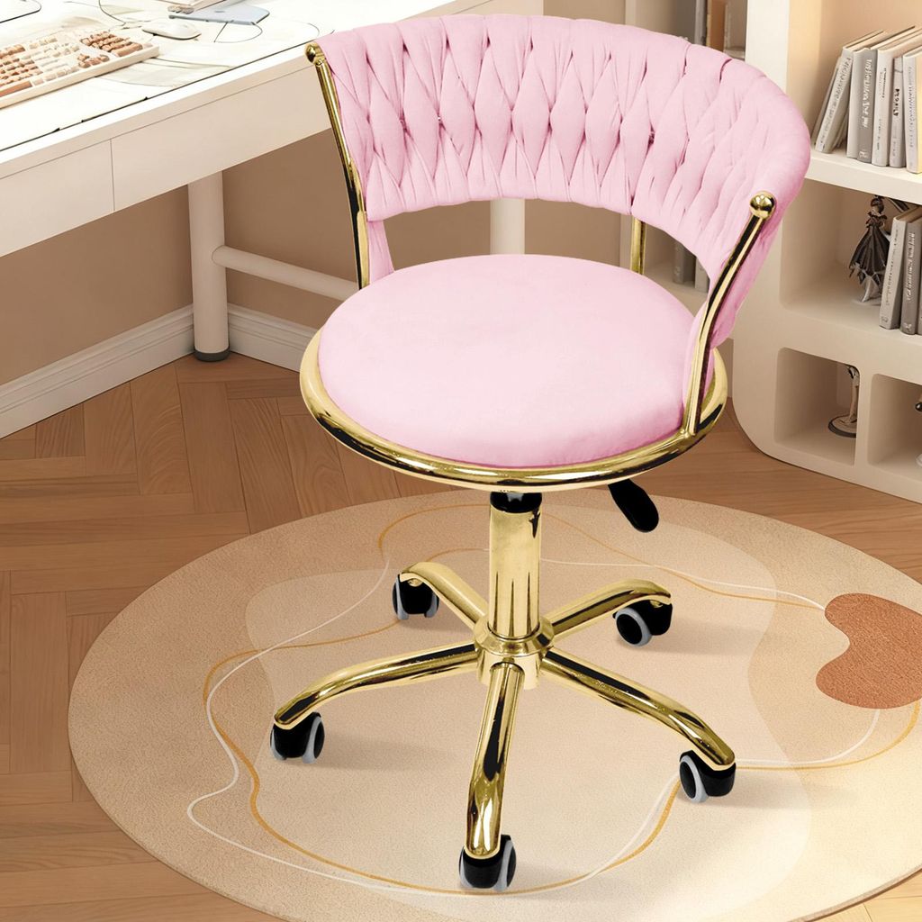 1x Klein Schminkstuhl mit Samtbezug,Schreibtischstuhl Drehstuhl mit Rollen, Höhenverstellbar Homeoffice Stuhl, Drehbar Bürosessel Polsterstuhl (R...