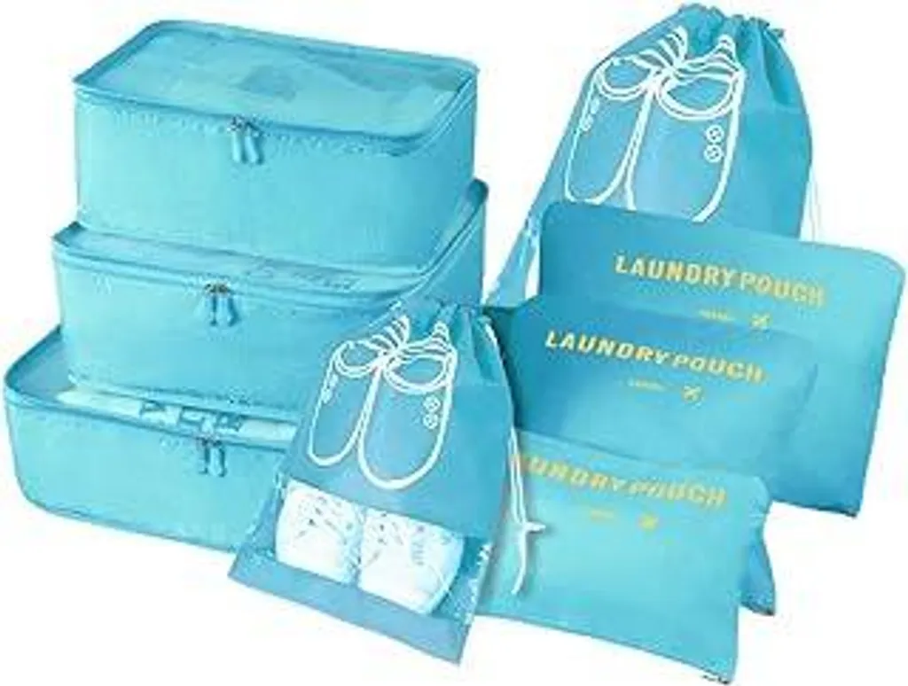 Vicloon Organizer per valigie, set 8 in 1 Organizer per bagagli, sacchetti impermeabili da viaggio per abiti, include 2 sacchetti per scarpe, 3 cubi da viaggio e 3 sacchetti portaoggetti, per abiti, scarpe e cosmetici - Azzurro