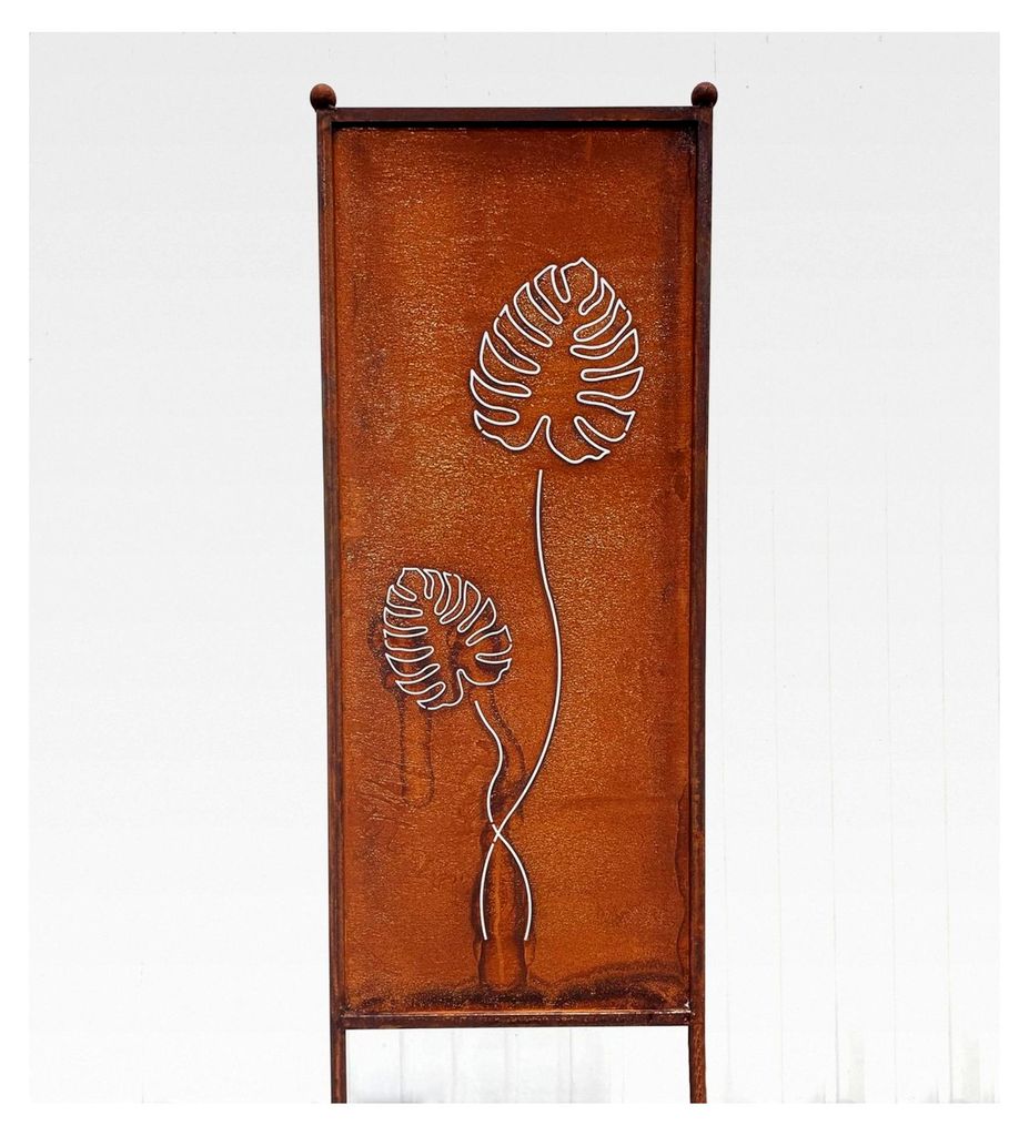 Edelrost Sichtschutz mit 2 Monstera Blättern, 162 cm x 53 cm, Paravent zum Stecken, Gartenschild, Gartenstecker, Wetterfest, Rost Metall