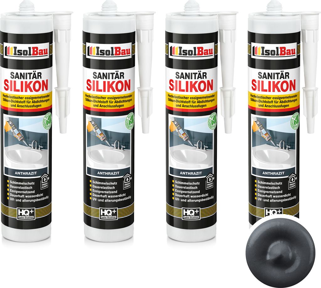 Isolbau Sanitär Silikon 4 x 300 ml Anthrazit - Hochelastischer Silikon-Dichtstoff für Abdichtungen & Fugen – Schimmelresistent, wasserdicht - K...