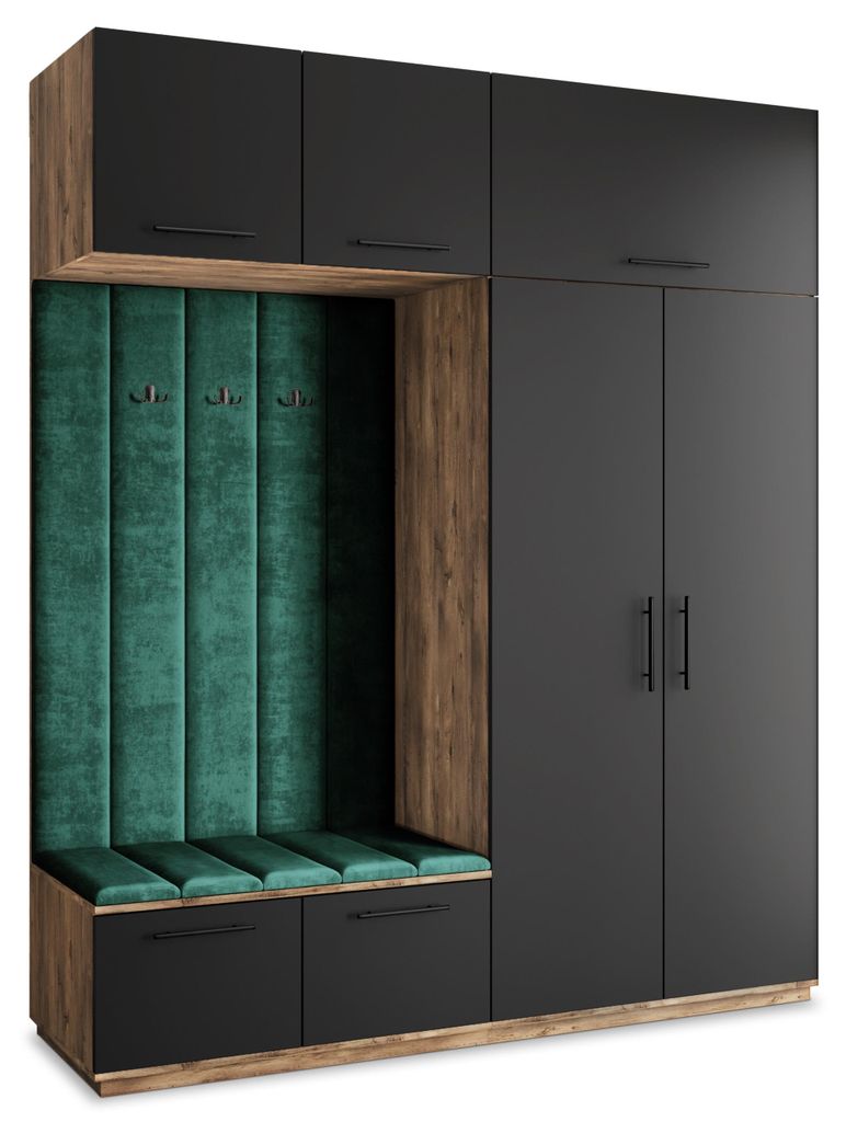 Masseno Garderobe-Set REMA 200/240/60 cm Modern Garderobenschrank Eiche Lefkas, Veloursstoff MONOLITH 37 (Grün)