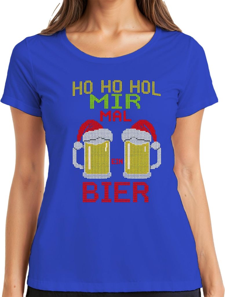 Ho Ho hol mir mal ein Bier Weihnachtsstrick Bierkrug Bierliebhabe Damen T-Shirt, Blau, XL