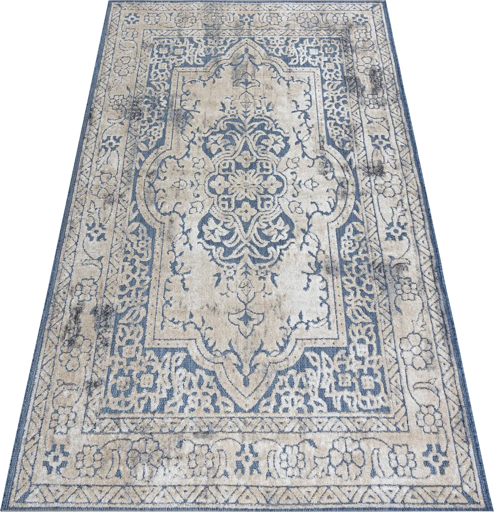 Tapis Tissé à Plat Motif Ornement SOLE D3871 Bleu et Beige 80x250
