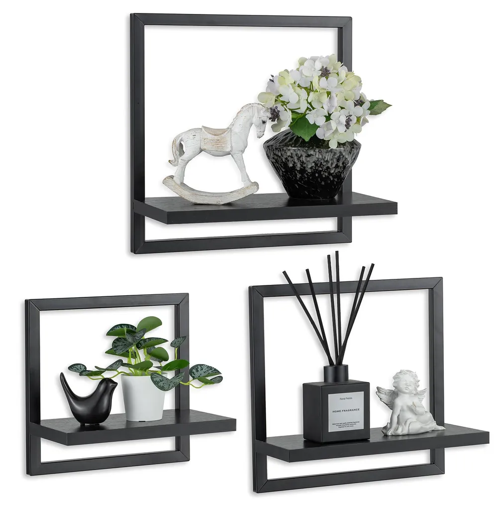 Étagère murale en métal noir et bois : lot de 3 cubes flottants design