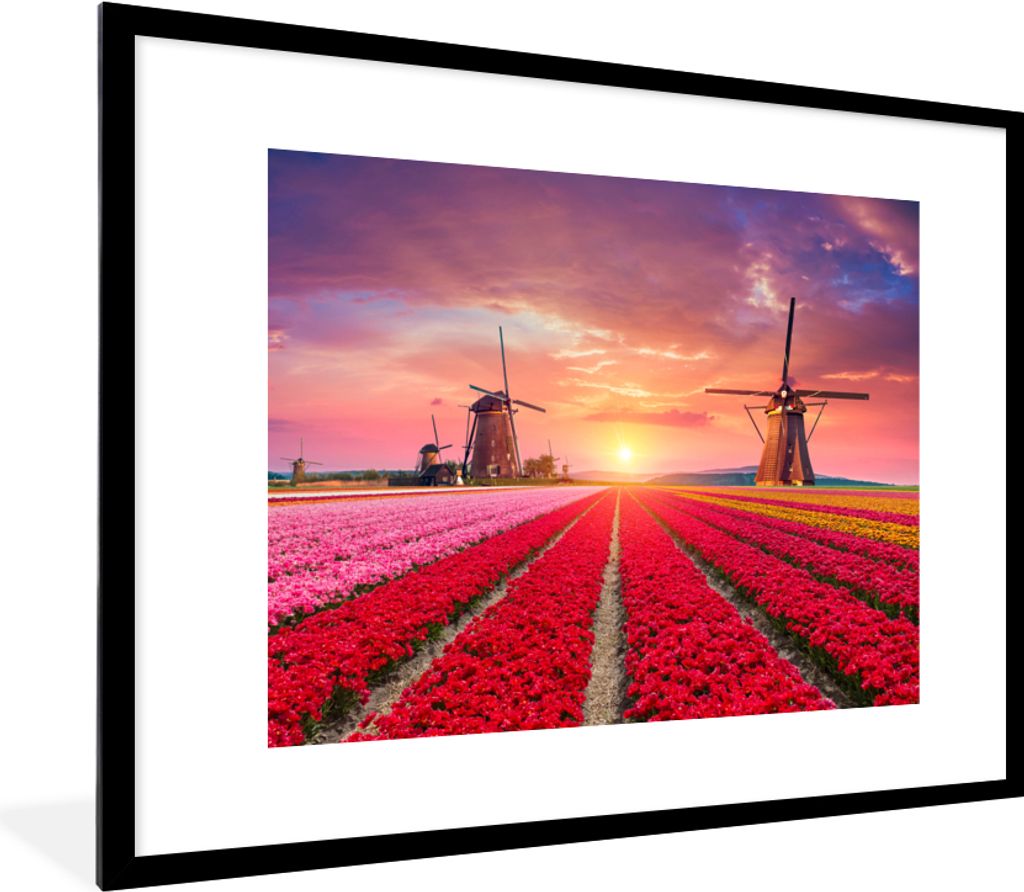 MuchoWow® Gerahmtes Poster Blumen - Windmühle - Tulpen - Produktbild 