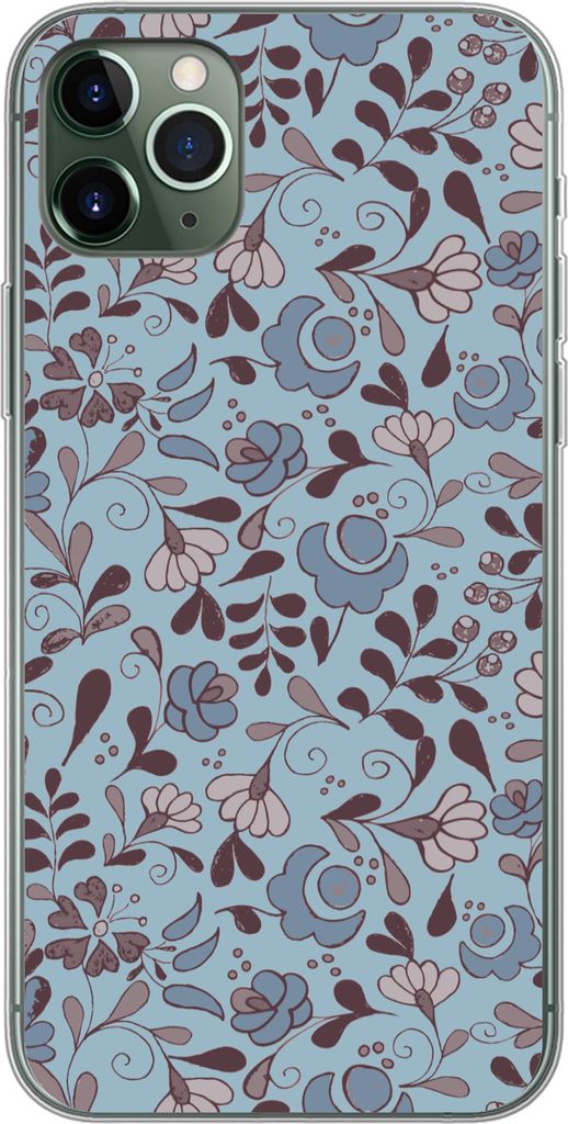 MuchoWow Handyhülle Schutzhülle Hülle für Telefoonhoesje iPhone 11 Pro Max Muster - Blume - Grau - Blau Silikon Softcase Handy Hülle - Schutz