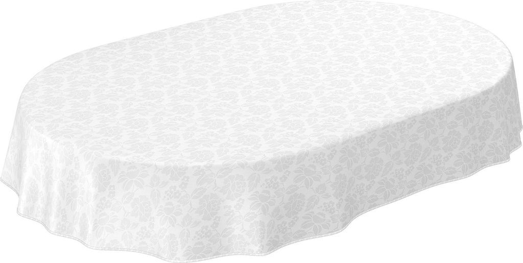 Tischdecke Wachstuch Blumen Weiß Robust Wasserabweisend Oval Breite 140 cm Länge 180 cm