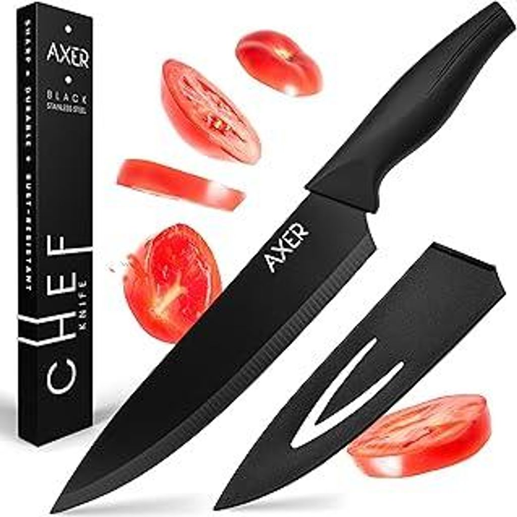 Axer Kochmesser 20 cm - Scharfes Küchenmesser mit Klingenschutz - Schwarzes Chefmesser - Chef Knife - Koch Messer Scharf - Kohlenstoffstahl Messer...