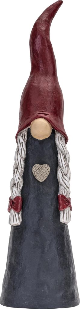 A gnome figurine with a red hat, gray braids, and a dark blue dress with a heart emblem.