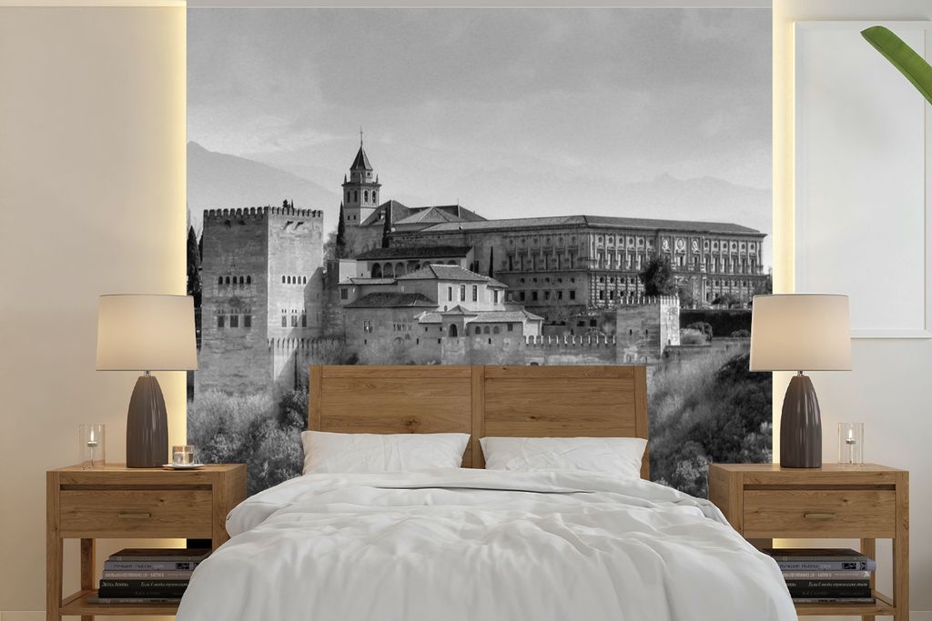 MuchoWow Fototapete für Wohnzimmer oder Schlafzimmer Wandtapete Vinyl Motivtapete Blick auf die Alhambra vom Mirador de San Nicolás in schwarz-...