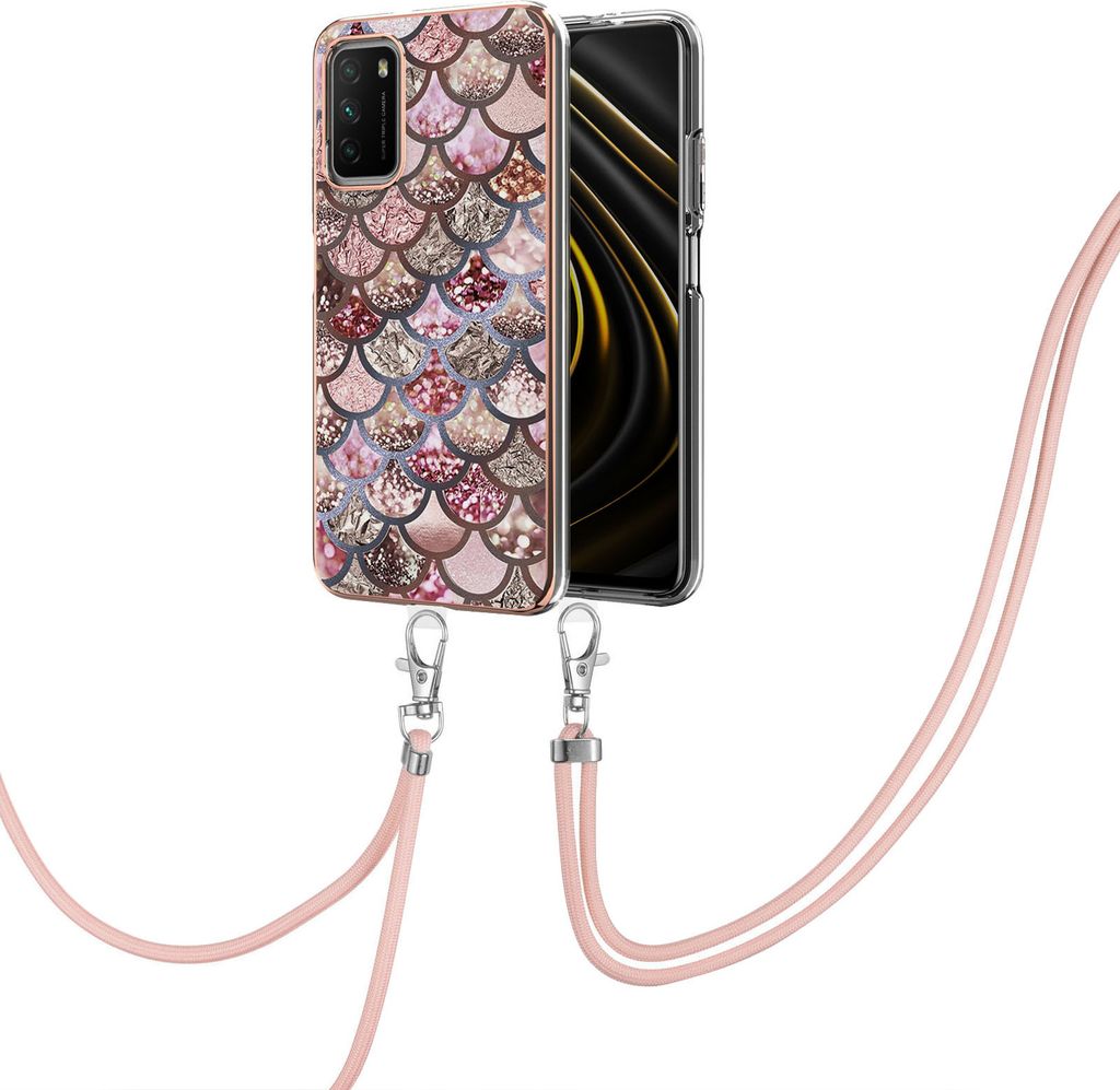 Handykette Hülle für Xiaomi Poco M3 Muster TPU Schutzhülle mit verstellbarem Tragegurt Kaffee