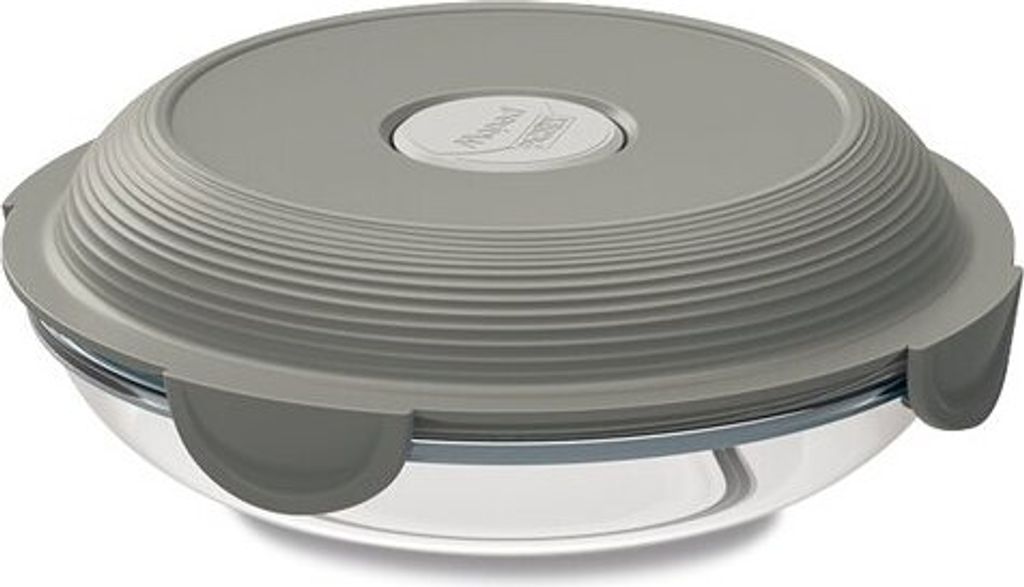 A round, clear glass food container with a ribbed gray lid and gray clips, shown from a diagonal angle.