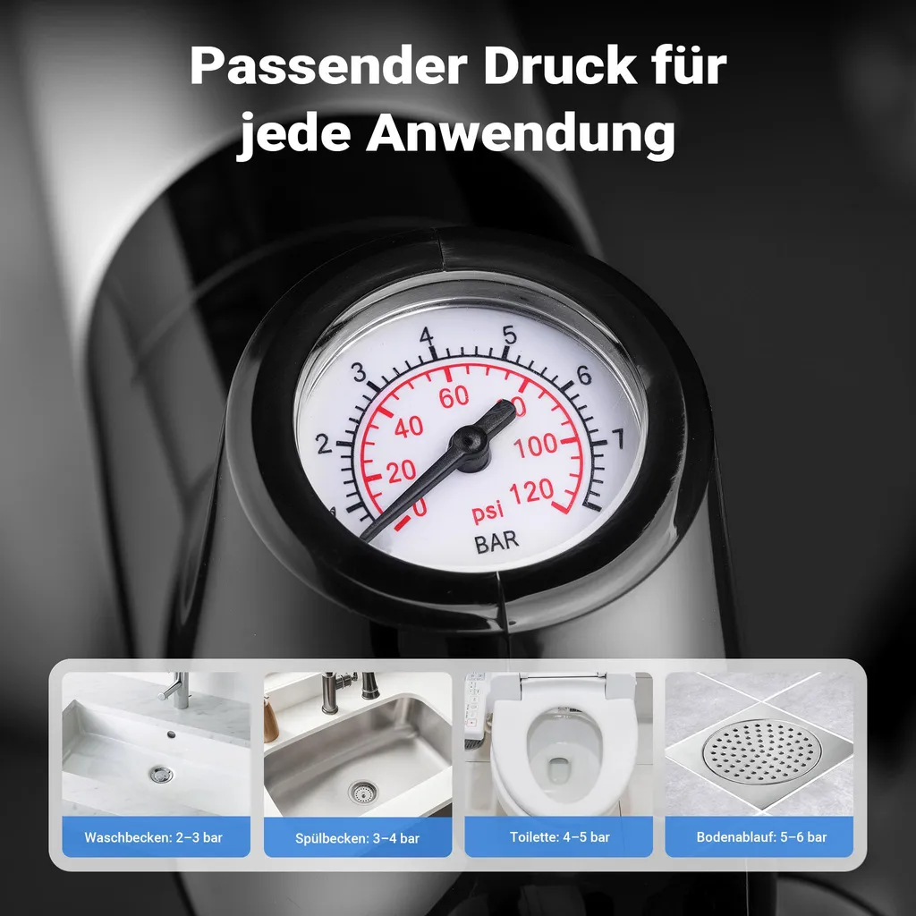 Idropulitrice ad aria compressa Wiltec con attacchi e accessori, pulizia efficiente dei tubi con aria compressa, idropulitrice in acciaio inox e TPE, idropulitrice ad alta pressione per applicazioni versatili - 5