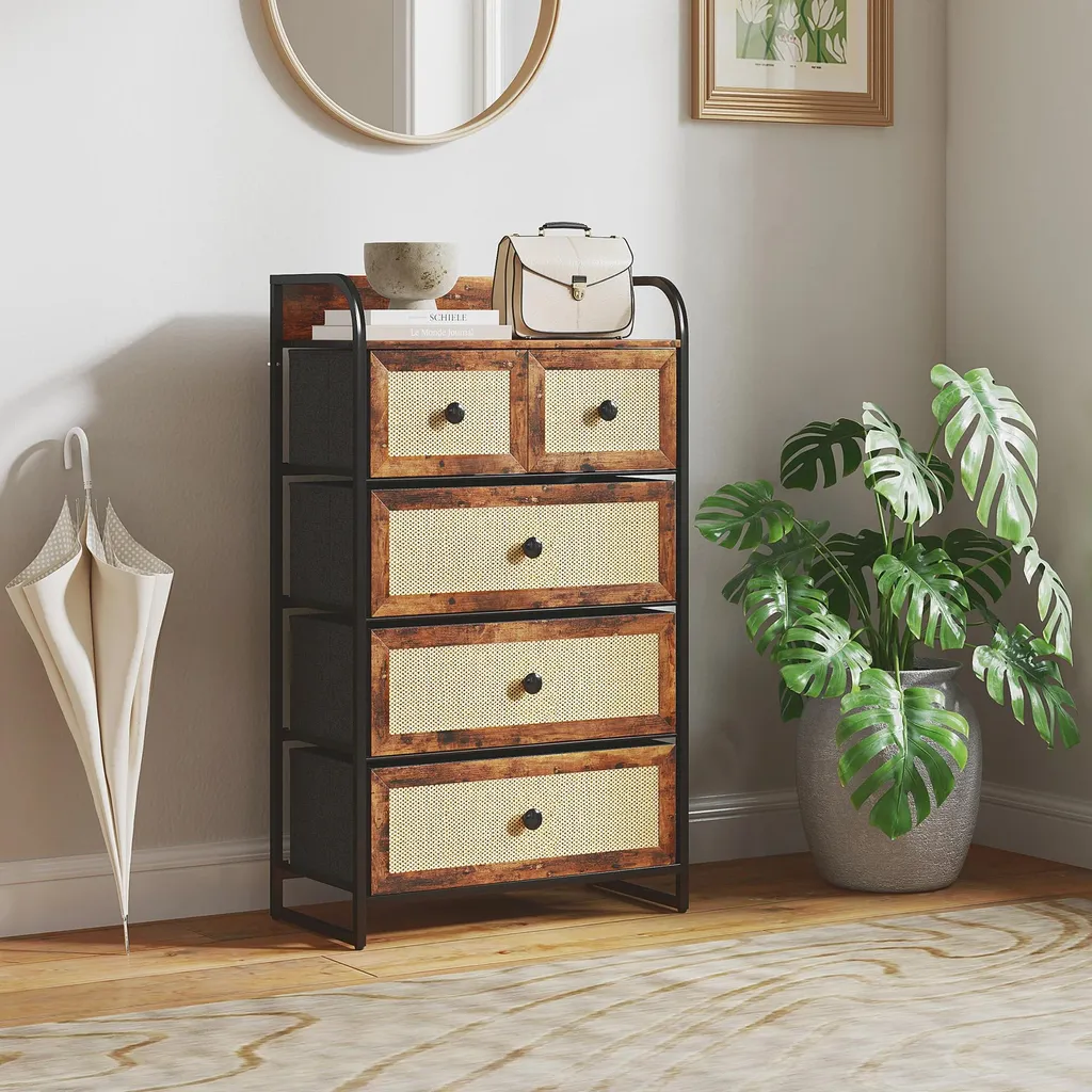 Rangement efficace salon commode en tissu compacte 5 tiroirs rustique - 2