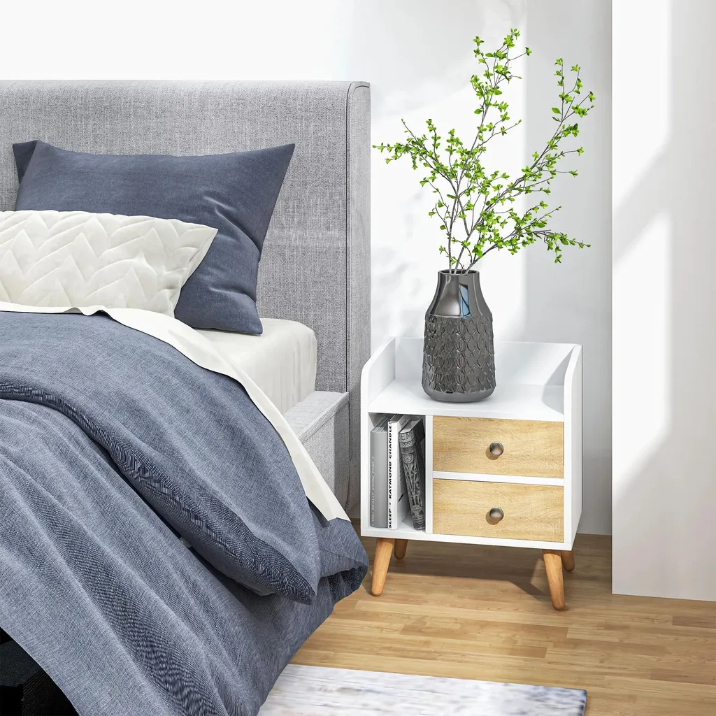 Table de nuit compacte pour petite chambre blanche 2 tiroirs et étagère