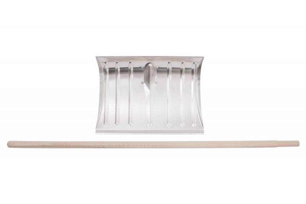 A snow shovel head and a wooden handle are laid out separately on a white background.