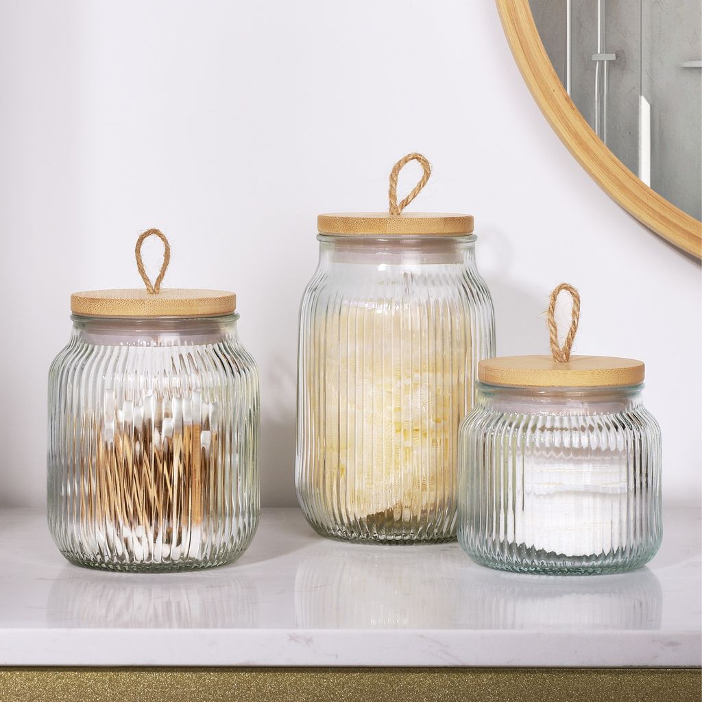 Navaris 3er Set Glasbehälter für Badezimmer - Aufbewahrung Badezimmer - Wattestäbchen Behälter Wattepads Ohrstäbchen Spender - Bad Organizer -