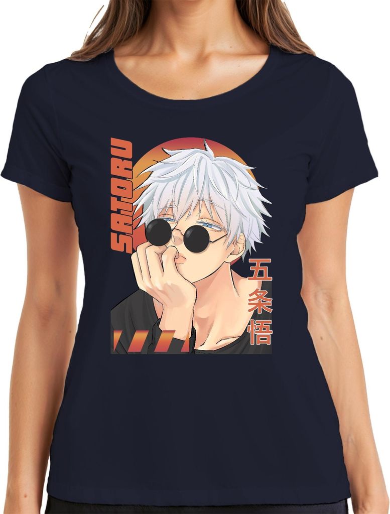 Gojo Satoru Jujutsu Kaisen Anime Sonnenbrille Weißhaar Geschenk Damen T-Shirt, Navy, XXL