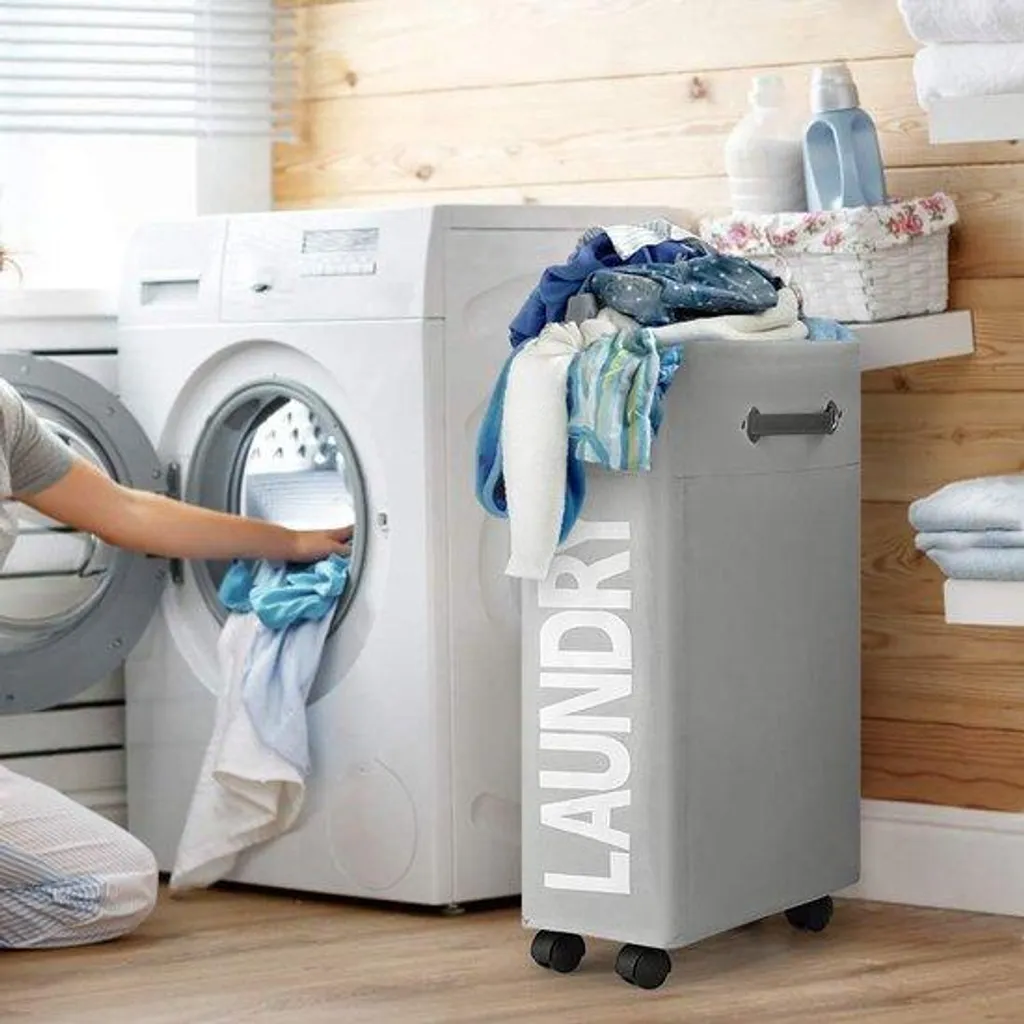 Bac à linge 45L sur roulettes avec poignée, design pliable gris clair
