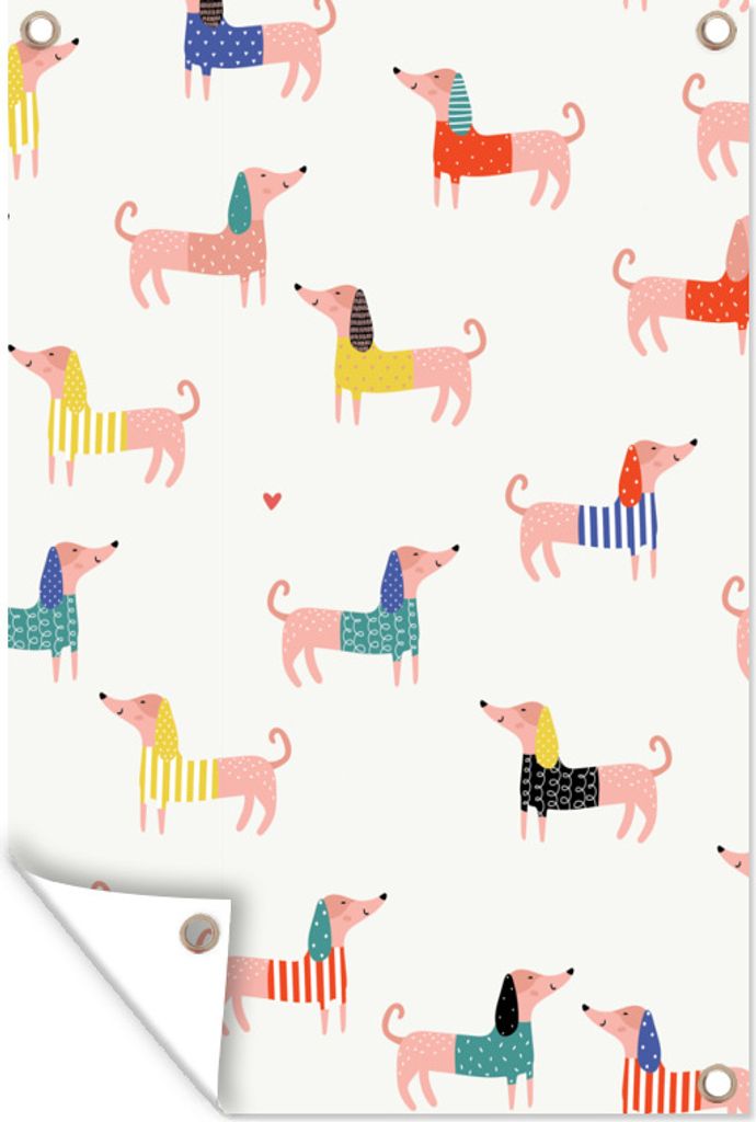 MuchoWow 60x90 cm Outdoor-Poster Gartendeko Sichtschutz Garten Poster für den Garten Hund Illustration mit Dackel vor weißem Hintergrund