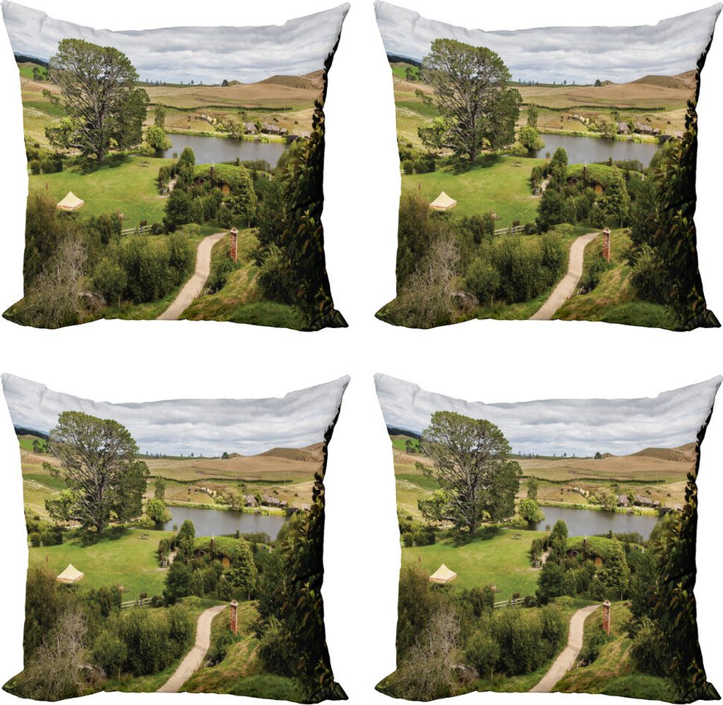 ABAKUHAUS Hobbits Kissenbezug Set (4 Stück), Oberbühl Matamata, Moderner Doppelseitiger Digitaldruck, 40 cm x 40 cm, Grün Braun