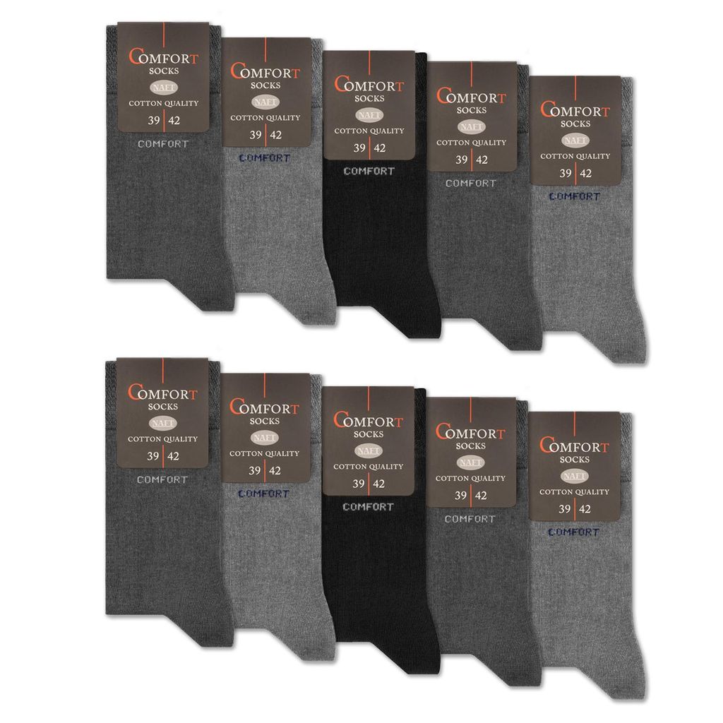 10 Paar Komfortsocken Damen & Herren ohne Gummi & ohne Naht Baumwolle mit Komfortbund 13100 - Grau/Anthrazit/Schwarz 39-42