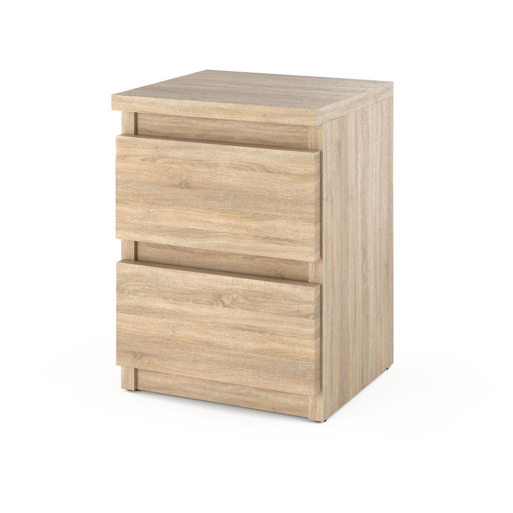 A wooden nightstand with two drawers against a white background.