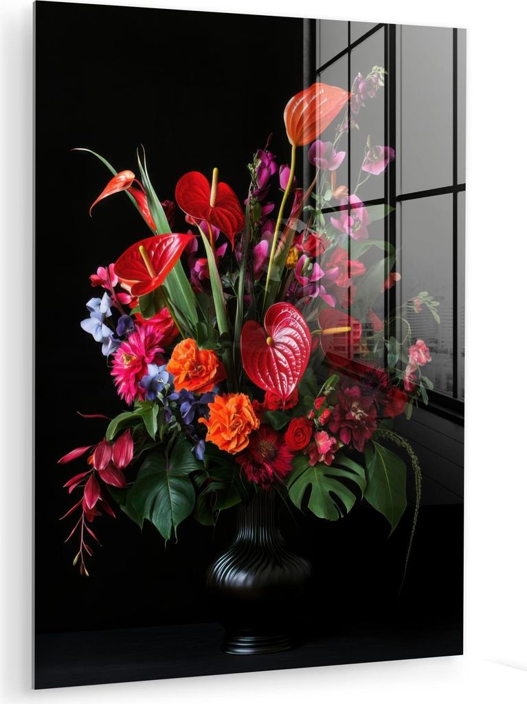MuchoWow Glasbilder - Bilder auf Wandbild - Foto auf Glas Blumen - Blumenstrauß - Ornamental 30x40 cm Wanddekoration aus Glas - Acrylglasbild - Ac...