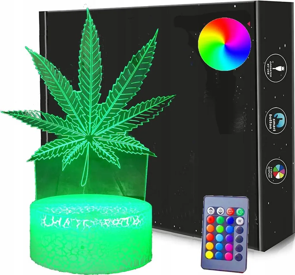 Lampe 3D Marihuana LED avec contrôle tactile et télécommande IR