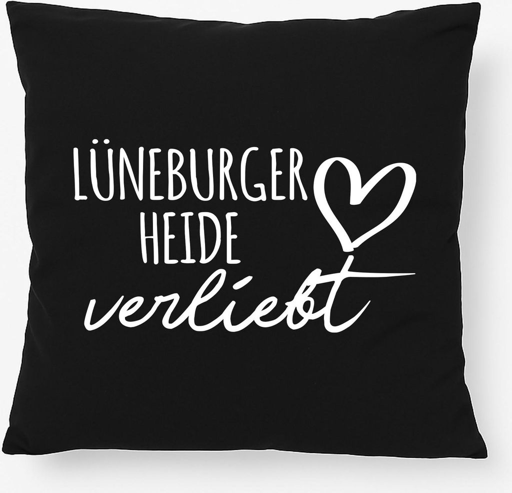 Huuraa Kissen Lüneburger Heide verliebt 40x40cm mit Füllung Black Baumwolle Dekokissen Geschenkidee