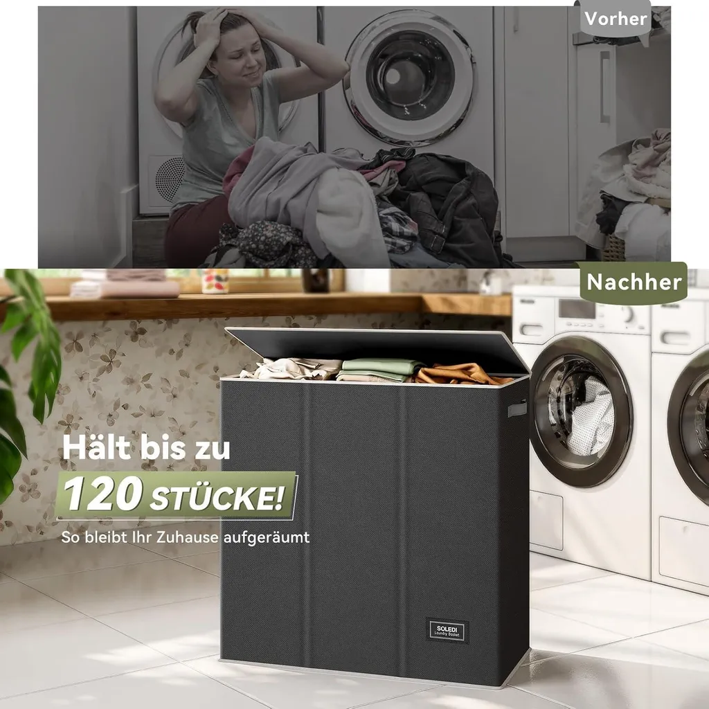 Panier à linge 160L avec 3 compartiments et couvercle noir - Modèle XL - 6