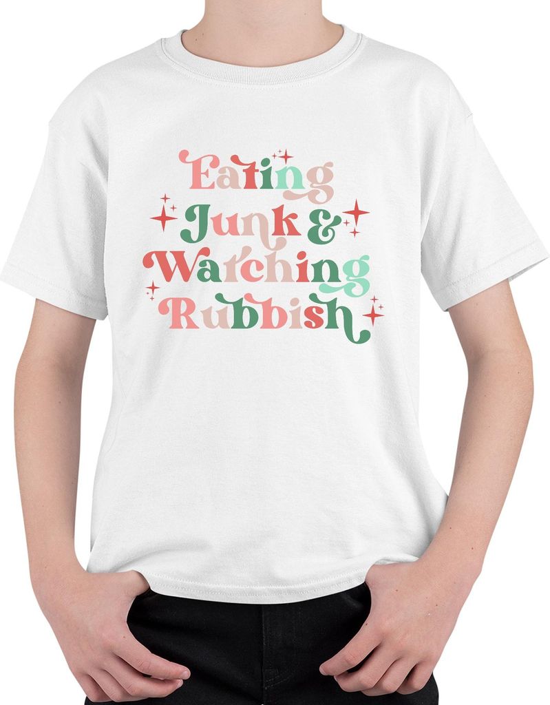 Eating Junk Watching Rubbish Binge Couch Wochenende Lustig Uni Kinder T-Shirt, Weiß, 152