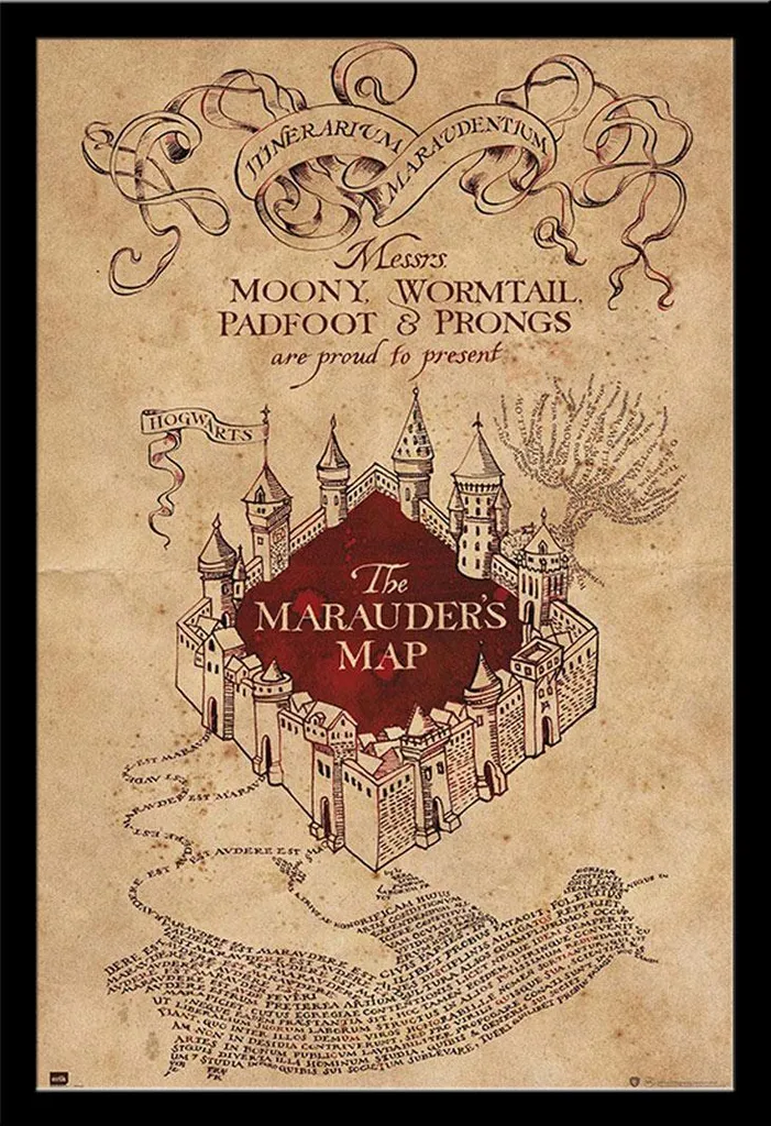 Poster Harry Potter avec Cadre Noir Amovible - Carte Maraudeur 61x91