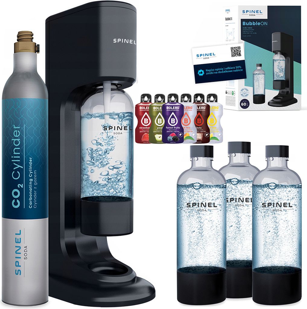 Spinel Soda BubbleON Wassersprudler Schwarz Set mit 3 Flaschen 1L Bolero
