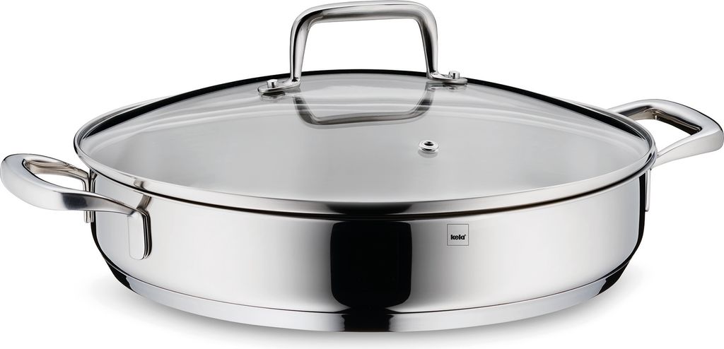 A stainless steel serving pan with a glass lid and two handles, shown on a white background.