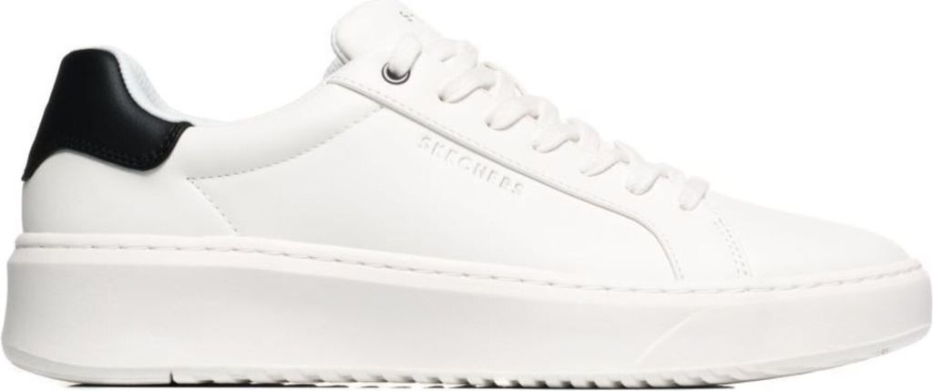 A white Skechers sneaker with a black heel accent, shown from the side against a white background.