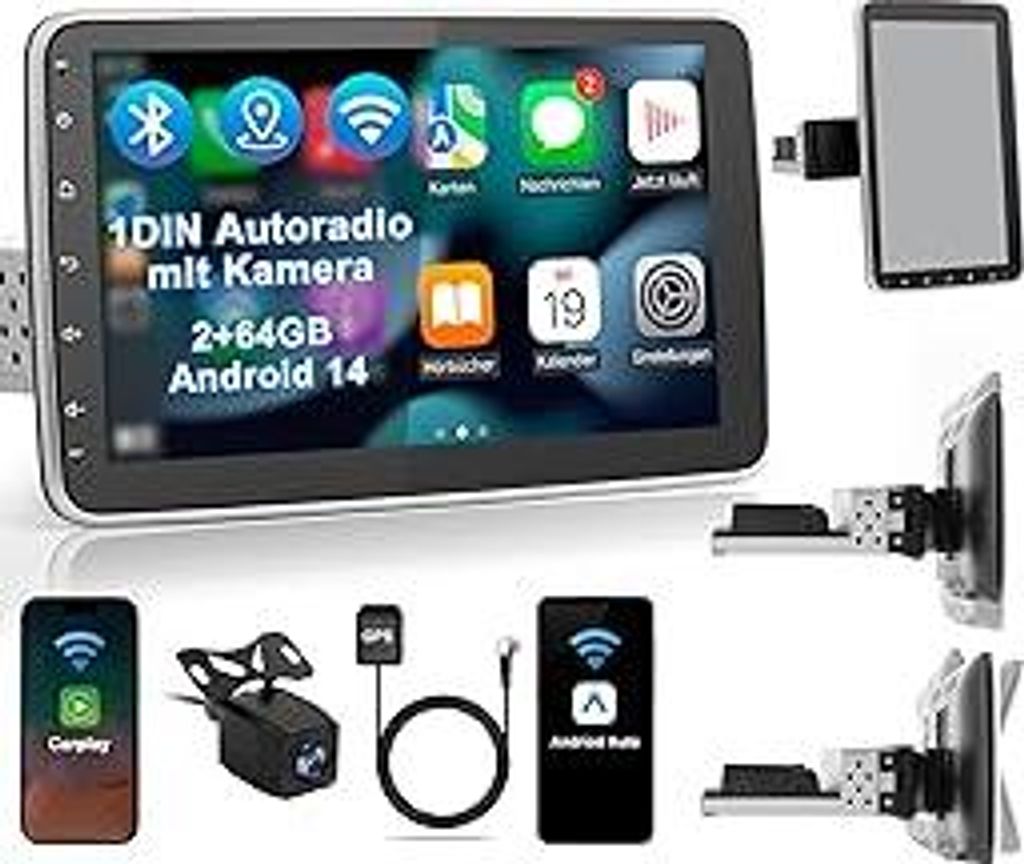 Autoradio mit Bildschirm Single DIN Auto Radio mit Navi Bluetooth Wireless CarPlay Android Auto DAB Plus Rückfahrkamera, 1DIN mit 10.1 Zoll drehba...